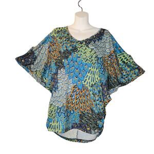 Hypnotized Womens Top Stretch Abstract Feathers Colorful Lounge Travel Vacation